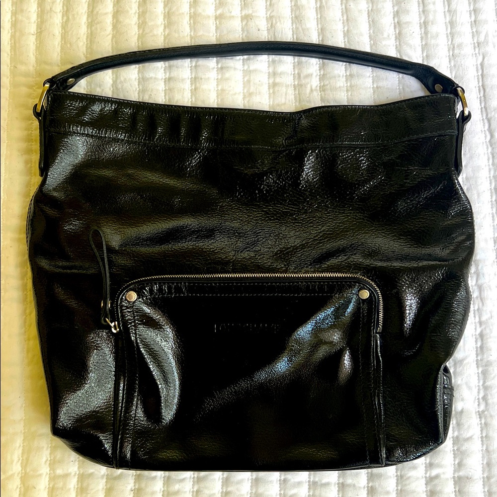 Longchamp black patent leather hobo bag made in France